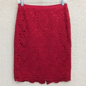 TALBOTS Pencil Skirt Size 2 Rich Red Heavy Guipure Lace Floral Pattern Lined‎